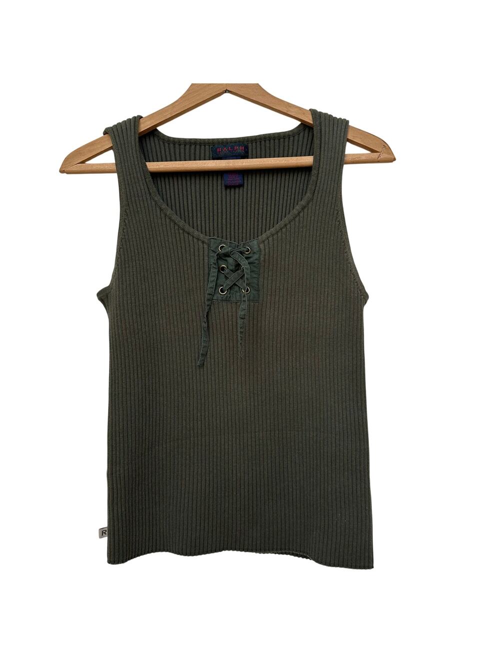 Ralph Lauren Vintage Olive Green Ribbed Tank Top - Size L - Made in Hong Kong
